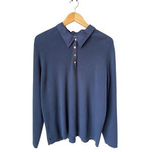 Lauren Ralph Lauren Navy Blue Collard Ribbed Knit Pullover Ling Sleeve top